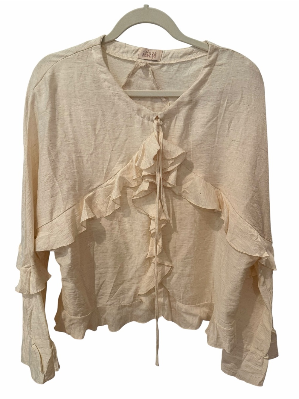 NKN Nekane Cream Ruffle Tie Front Blouse Linen Blend Boho Romantic Medium NWT